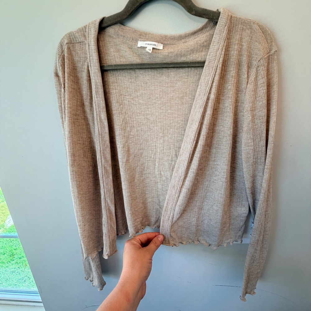 Maurices Cardigan Sweater Women M Tan Ribbed Stretch Lightweight Lettace Hem